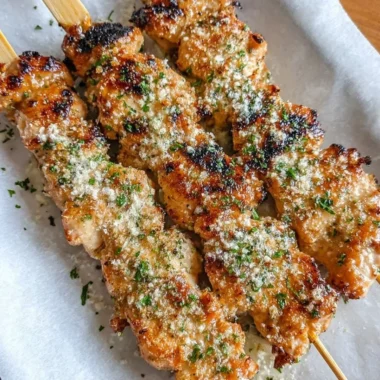 Ranch Garlic Parmesan Chicken Skewers on a platter, garnished with herbs