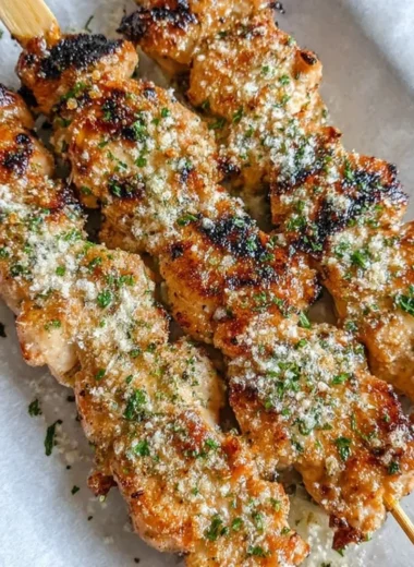 Ranch Garlic Parmesan Chicken Skewers on a platter, garnished with herbs