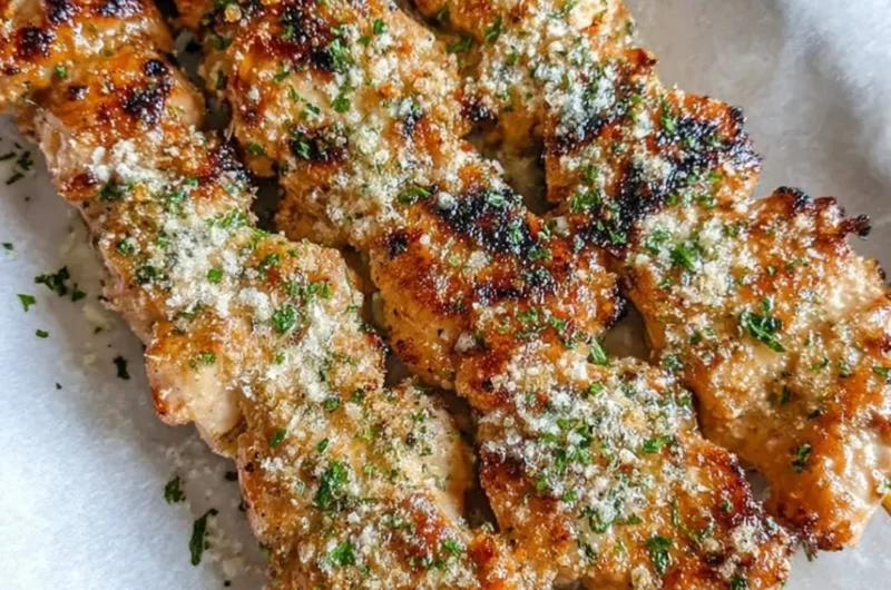 Ranch Garlic Parmesan Chicken Skewers on a platter, garnished with herbs