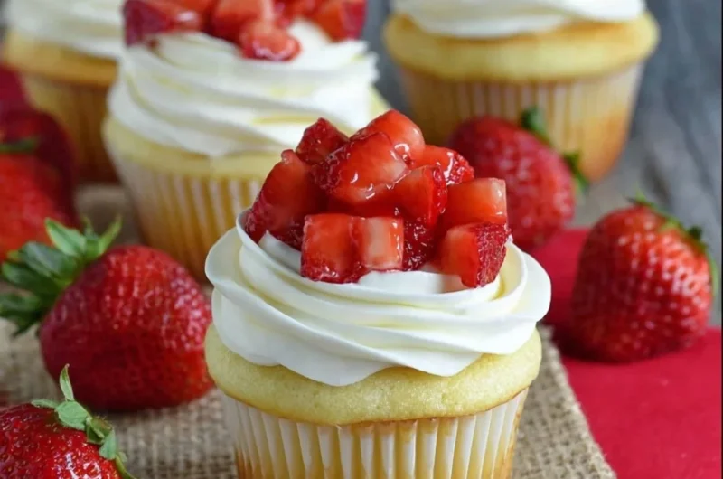 Strawberry shortcake cupcakes topped with fresh strawberries and whipped cream