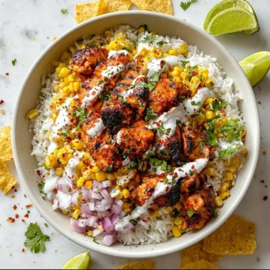 Delicious street corn chicken rice bowl with spices and fresh ingredients.