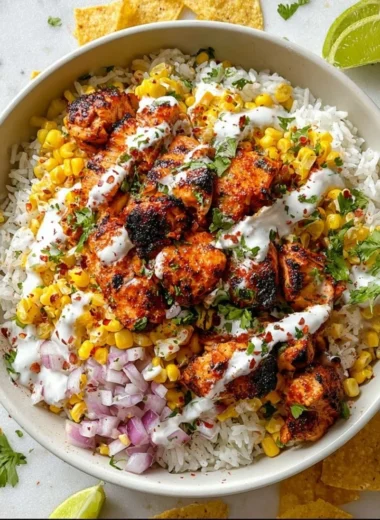 Delicious street corn chicken rice bowl with spices and fresh ingredients.