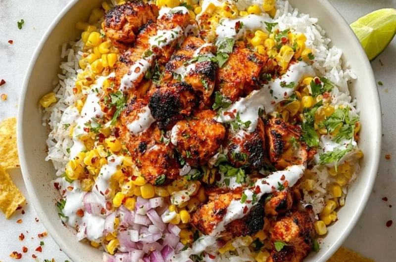 Delicious street corn chicken rice bowl with spices and fresh ingredients.
