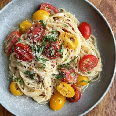 Bowl of colorful summer garden pasta with fresh vegetables and herbs