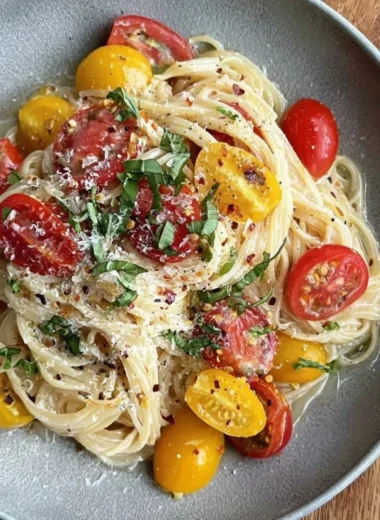 Bowl of colorful summer garden pasta with fresh vegetables and herbs