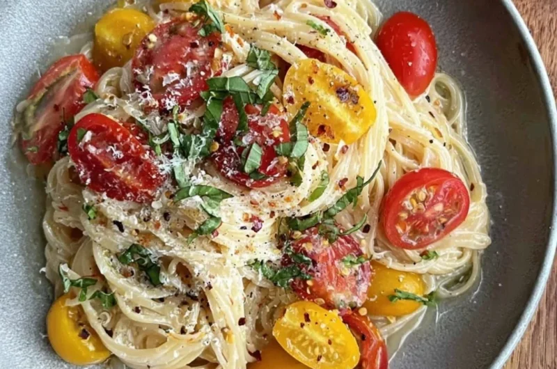 Bowl of colorful summer garden pasta with fresh vegetables and herbs