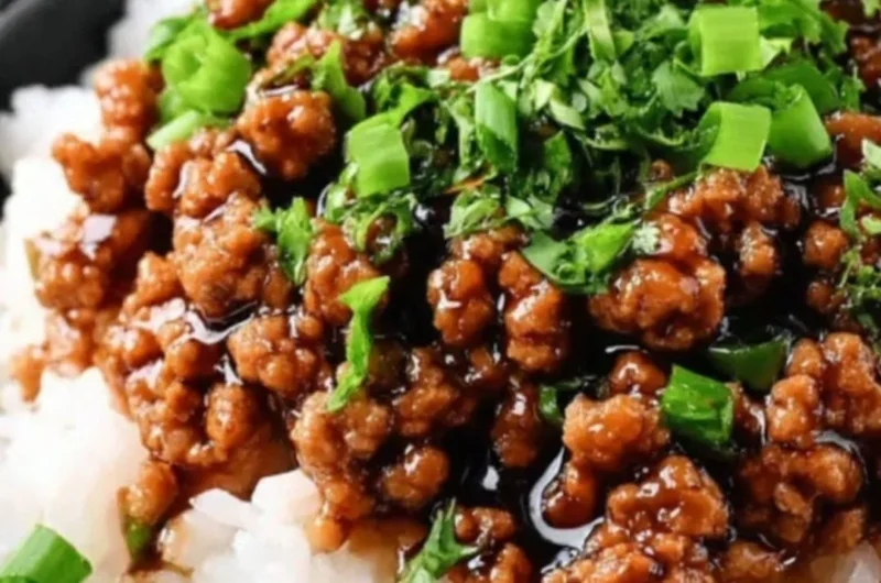 Plate of honey garlic ground turkey served with vegetables and rice