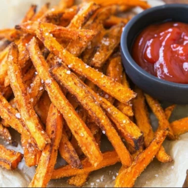 Crispy baked sweet potato fries served with dipping sauce