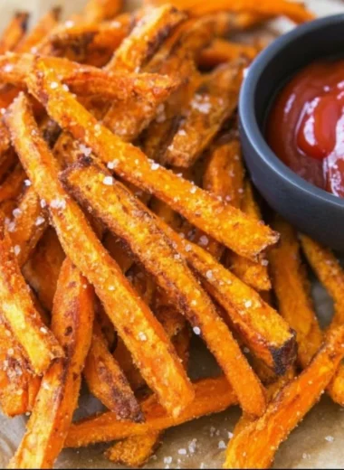Crispy baked sweet potato fries served with dipping sauce