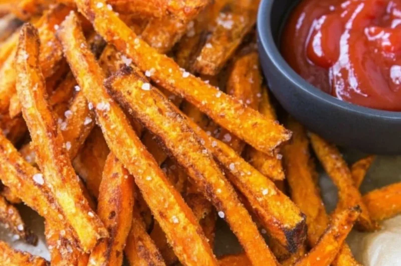 Crispy baked sweet potato fries served with dipping sauce
