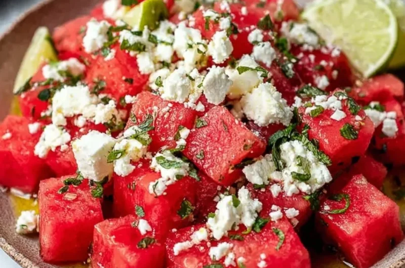 Delicious Watermelon Feta Salad with mint and balsamic dressing