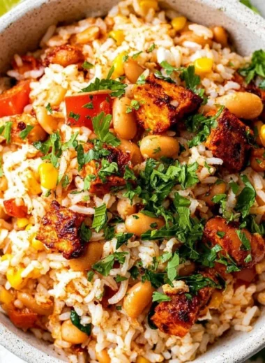 Delicious Mediterranean Rice and Beans served in a bowl with fresh herbs.