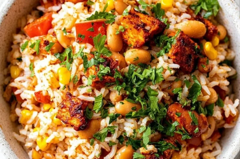 Delicious Mediterranean Rice and Beans served in a bowl with fresh herbs.