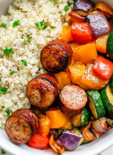 Delicious air fryer chicken sausage served with colorful vegetables.