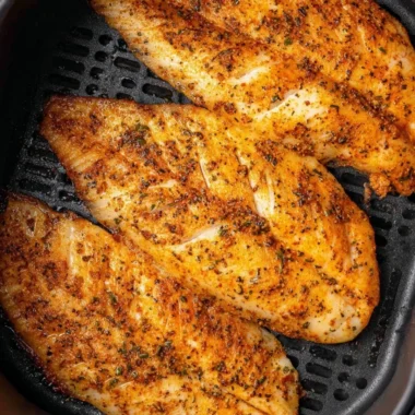 Crispy air fryer tilapia fillet served with lemon and herbs