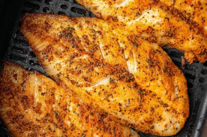 Crispy air fryer tilapia fillet served with lemon and herbs