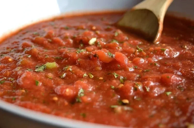 Authentic San Marzano pizza sauce in a glass jar with fresh tomatoes.