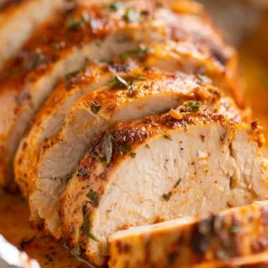 Juicy baked pork tenderloin served with vegetables and herbs