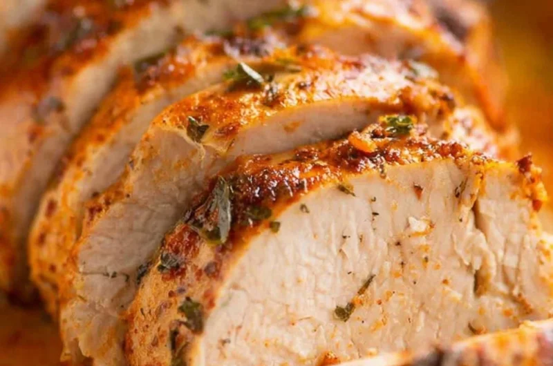 Juicy baked pork tenderloin served with vegetables and herbs