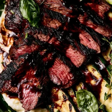 Balsamic flank steak with grilled zucchini and whipped feta garnished beautifully.