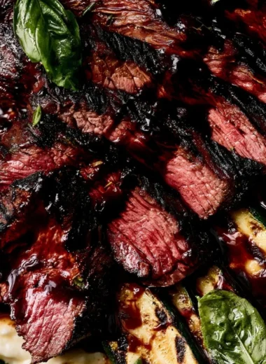 Balsamic flank steak with grilled zucchini and whipped feta garnished beautifully.