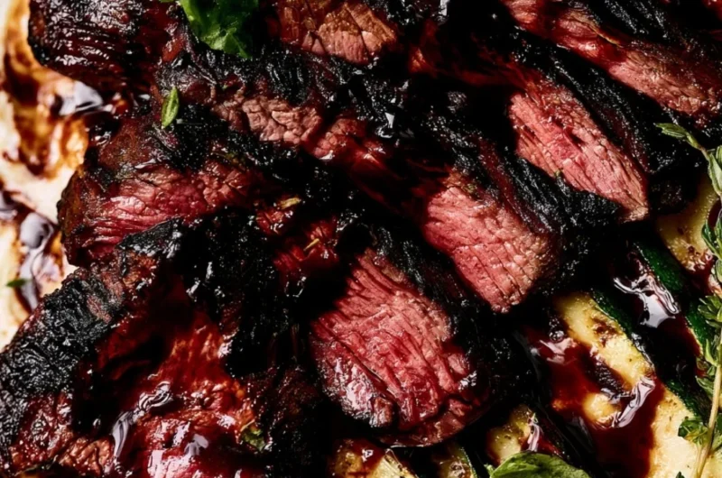 Balsamic flank steak with grilled zucchini and whipped feta garnished beautifully.