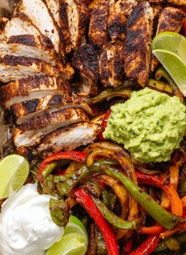 Grilled Blackstone chicken fajitas with colorful peppers and onions