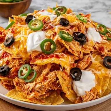 Plate of Buffalo Chicken Nachos topped with cheese, chicken, and jalapeños