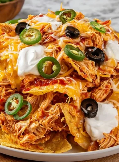 Plate of Buffalo Chicken Nachos topped with cheese, chicken, and jalapeños
