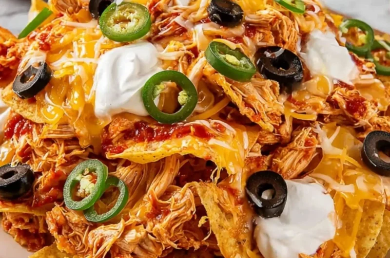 Plate of Buffalo Chicken Nachos topped with cheese, chicken, and jalapeños