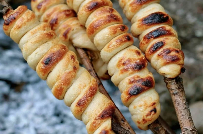 Homemade Campfire Bread cooking over an open flame outdoors