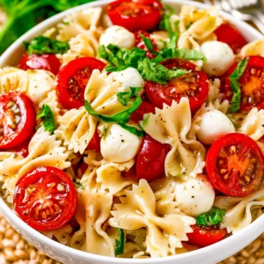 Fresh Caprese Pasta Salad with tomatoes, mozzarella, and basil