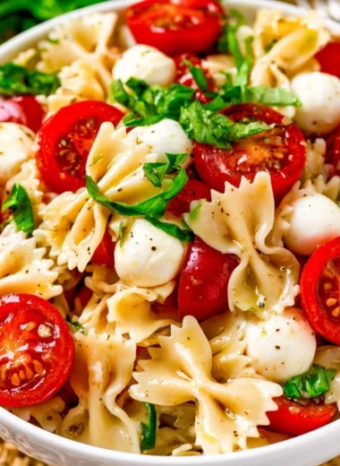 Fresh Caprese Pasta Salad with tomatoes, mozzarella, and basil