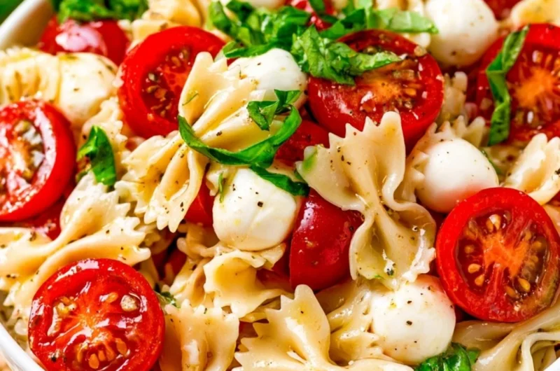 Fresh Caprese Pasta Salad with tomatoes, mozzarella, and basil
