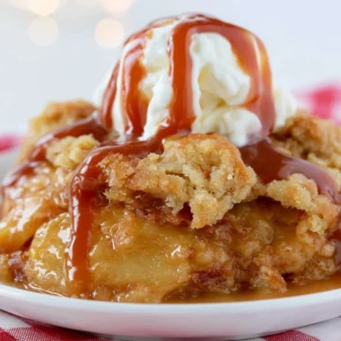 Delicious Caramel Apple Dump Cake topped with caramel and apples