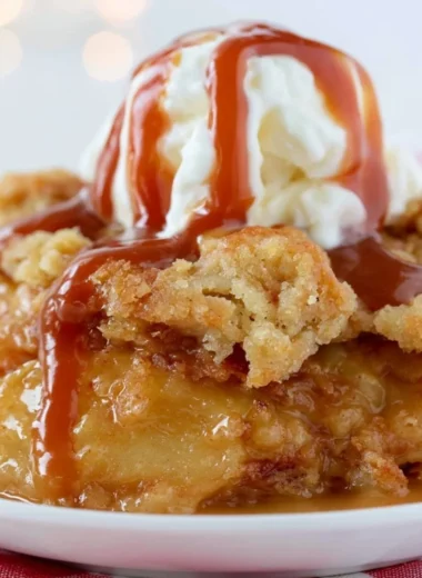 Delicious Caramel Apple Dump Cake topped with caramel and apples