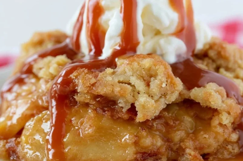 Delicious Caramel Apple Dump Cake topped with caramel and apples