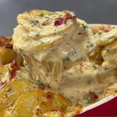 Delicious Cheesy Au Gratin Potatoes baked until golden and bubbly