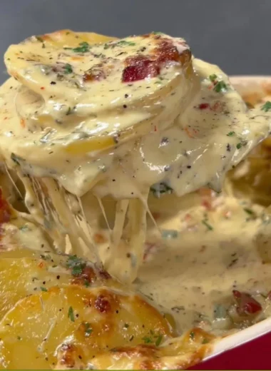 Delicious Cheesy Au Gratin Potatoes baked until golden and bubbly