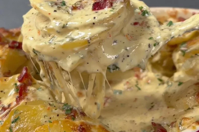 Delicious Cheesy Au Gratin Potatoes baked until golden and bubbly