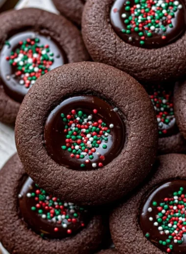 Freshly baked chocolate thumbprint cookies with jam filling on a plate.