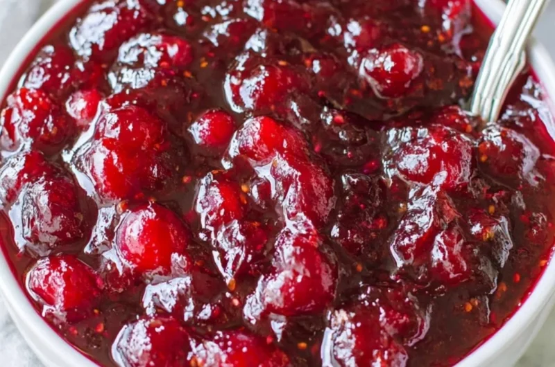Homemade classic cranberry sauce in a bowl with fresh cranberries and orange zest.