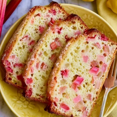 Slices of classic lemon rhubarb bread on a wooden cutting board.