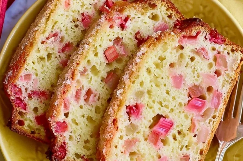 Slices of classic lemon rhubarb bread on a wooden cutting board.