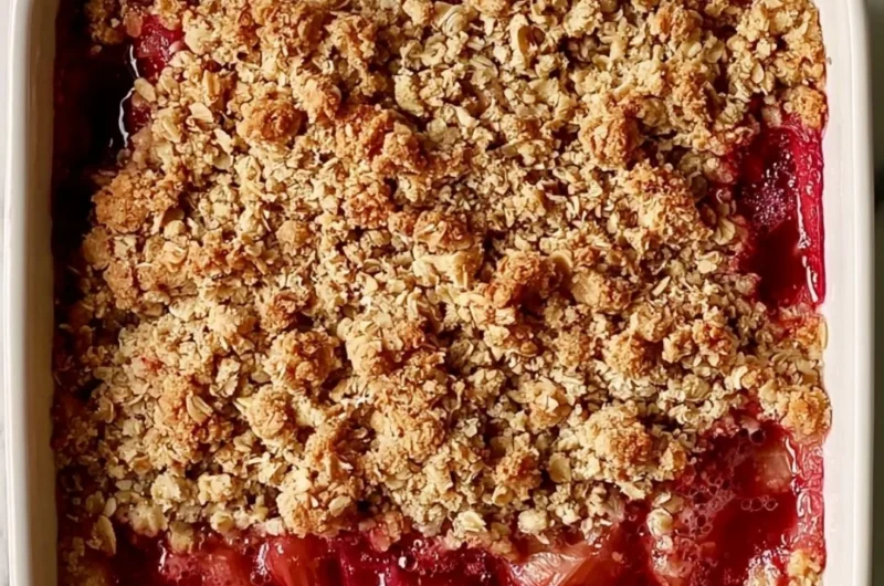 Classic rhubarb crumble bars with a golden crumble topping