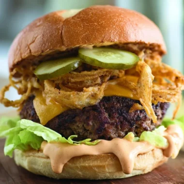 Delicious Cowboy Burger topped with grilled pickles and crispy onion straws