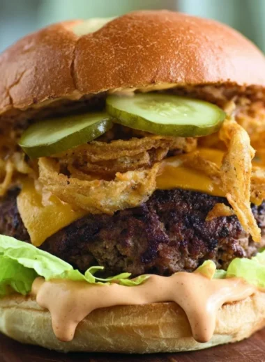 Delicious Cowboy Burger topped with grilled pickles and crispy onion straws