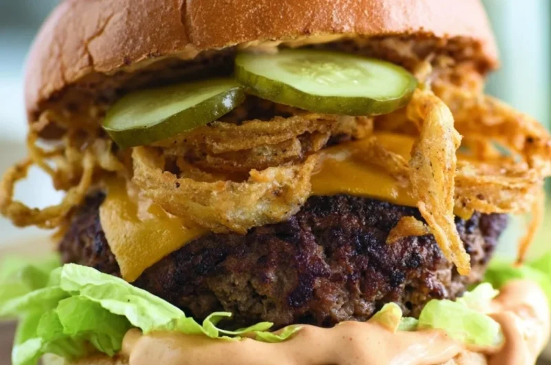 Delicious Cowboy Burger topped with grilled pickles and crispy onion straws