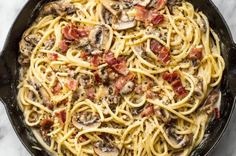 Creamy bacon mushroom pasta dish garnished with parsley on a plate