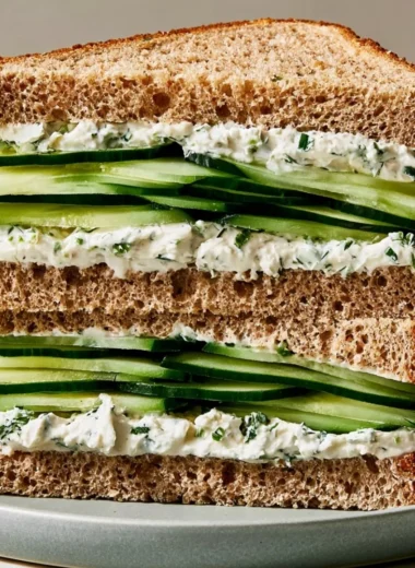 Delicious cucumber sandwich with fresh ingredients on a plate